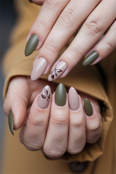 Embrace the beauty of autumn with these simple fall nail ideas that combine elegance with ease. Picture soft taupe nails adorned with delicate gold accents, capturing the cozy essence of the season. This look is perfect for any occasion, from pumpkin spice lattes to festive gatherings. Elevate your nail game without the fuss and enjoy a lovely, stylish finish. Discover more about this chic idea to glow through fall! #FallNailIdeas #SimpleNails #AutumnStyle Olive Green Fall Nails, Leafy Nails, Olive Green Nail Designs, Plant Nail Art, Simple Fall Nail Ideas, Simple Fall Nail, Olive Nails, Taupe Nails, Fall Ball