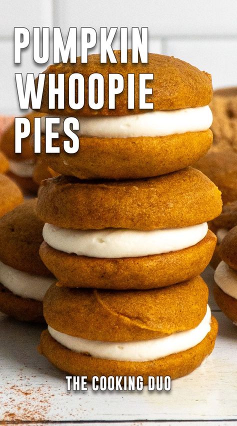 Three pumpkin whoopie pies stacked on top of each other. Pumpkin Whoopie Pies Recipe, Pumpkin Whoopie Pie Filling, Pumpkin Whoppie Pies, Cream Cheese Flavors, Chili Canning Recipe, Pumpkin Whoopie Pie, Pumpkin And Cream Cheese, Whoopi Pies, Pumpkin Whoopie Pie Recipe