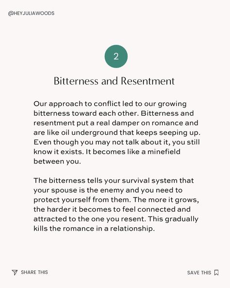 What happened next…⬇️ My husband’s honesty was hard to hear, yet I needed to hear it. I longed for romance in our marriage, but I couldn’t see how I was getting in the way. While he owned that he needed to do some work on himself, it helped a lot as I started working on my and shifting my contributions. I started working on: 1️⃣my ability to reconcile conflict 2️⃣healing my bitterness and resentment 3️⃣​​bringing up concerns in the moment rather than storing them 4️⃣taking responsibility ... Resentment In Marriage, Taking Responsibility, Live Your Life, Communication Skills, Working On Myself, What Happened, Bitter, My Husband, Best Quotes