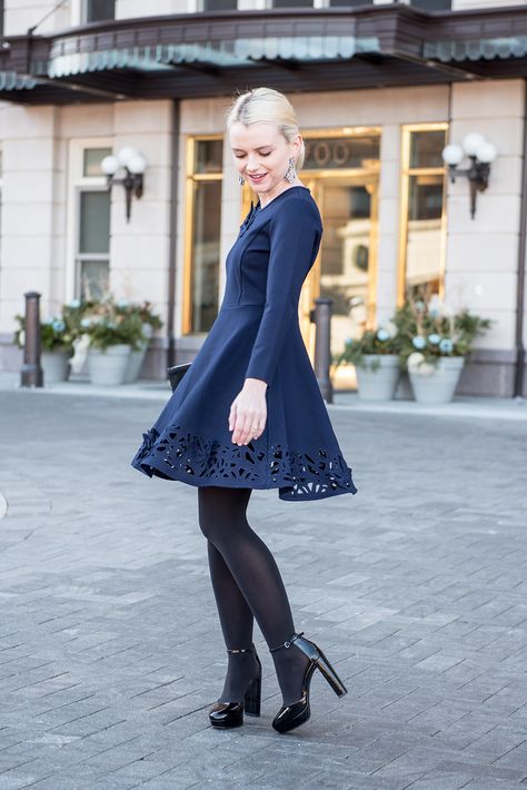 Poor Little It Girl - Navy Dress - @poorlilitgirl Navy Blue Dress Outfit, Dresses With Black Tights, Blue Dress Outfits, Navy Tights, Girls Navy Dress, Below The Knee Dresses, Dark Blue Dress, Wear To Work Dress, Grunge Dress