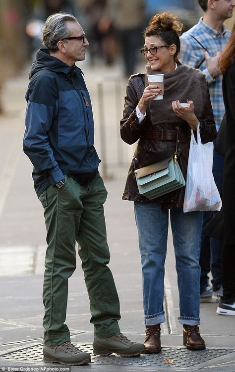 Daniel Day-Lewis and wife Rebecca Miller enjoy casual coffee date in New York | Daily Mail Online Low Wardrobe, Daniel Day Lewis, Rebecca Miller, Daniel Day, Old Boots, Day Lewis, Kate Middleton Photos, Army Green Jacket, Favorite Boots