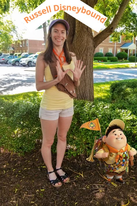 Russell Disneybound, Up Disneybound, Purple Hat, Yellow Tank, Purple Hats, Orange Ribbon, Yellow Tank Top, Tan Pants, Sandals Brown