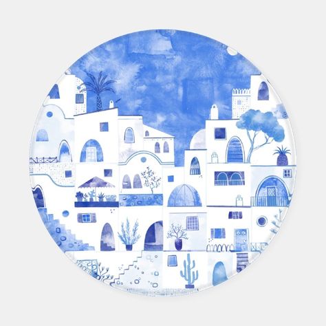 Santorini Greece Watercolor Townscape Coaster Set  Zazzle Santorini Party, Greece Watercolor, Island Watercolor, Blue Inspiration, White Watercolor, Modern Blue, Ceramic Knobs, Paper Plates Party, Santorini Greece