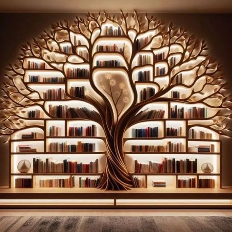 Library Tree Ideas, Bookshelf Interior Design, Interior Tree Design, Bookcase Ideas Living Room, Book Shelf Design Ideas, Books Shelf Ideas, Library In Bedroom, Book Tree Shelf, House Library Ideas