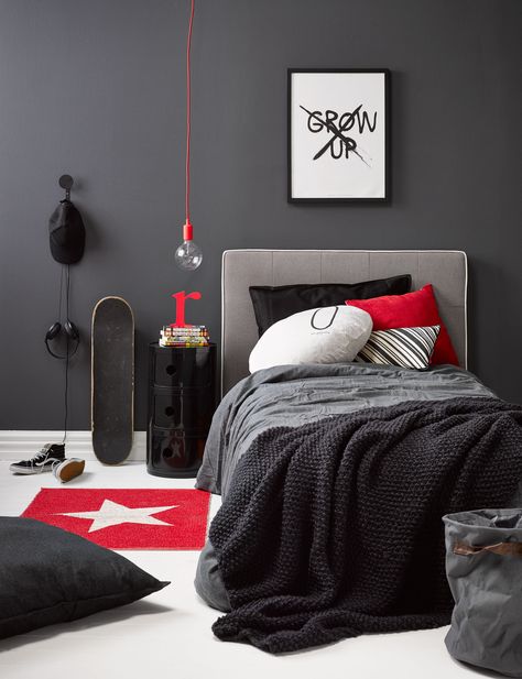 Red And Black Themed Bedroom, Red Black Gray Bedroom, Black And Red Boys Bedroom, Black White And Red Bedroom, Red Black And White Bedroom, Black Red Bedroom, Red Boys Room, Red Boys Bedroom, Monochrome Room