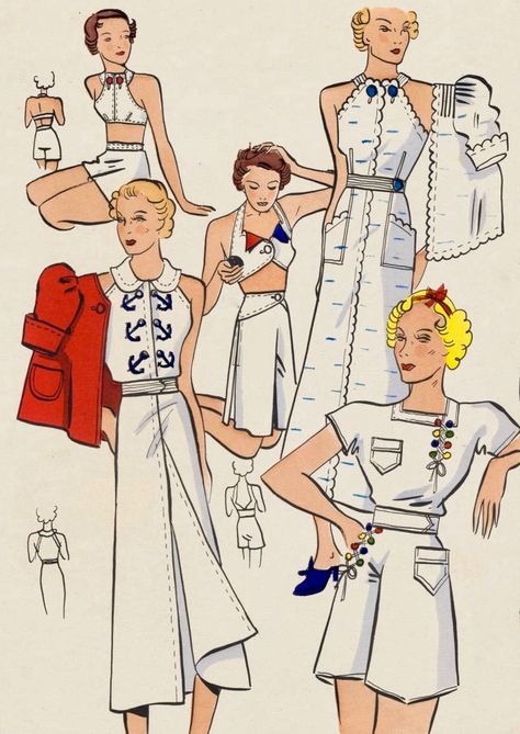 1930s Beach Wear, Vintage Bathing Suit Patterns, Riviera Fashion, 60s Vintage Fashion, Nautical Chic, Denim Embroidery, Nautical Looks, 30s Fashion, Vintage Swim