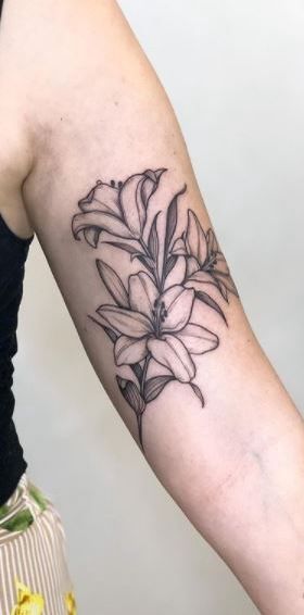 Black Lillies Tattoo, Sleeve Addition Tattoo, Wood Lily Tattoo, Wild Lily Tattoo, Lily Bicep Tattoo, Lily Arm Band Tattoo, Lilies And Roses Tattoo, Lily Flower Outline Tattoo, Star Lilly Tattoo