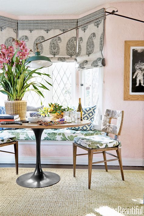 Bohemian Dining Room Decor, Saarinen Table, Peter Dunham, Cozy Breakfast Nook, Small Space Design, Grand Homes, Mood Board Inspiration, Pink Walls, Window Seat