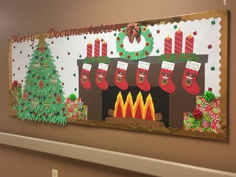 Christmas Board Decoration, Christmas Tree Fireplace, Christmas Hallway, Holiday Bulletin Boards, Christmas Bulletin Boards, Classroom Christmas Decorations, Christmas Tree And Fireplace, Christmas Door Decorating Contest, Christmas Classroom Door