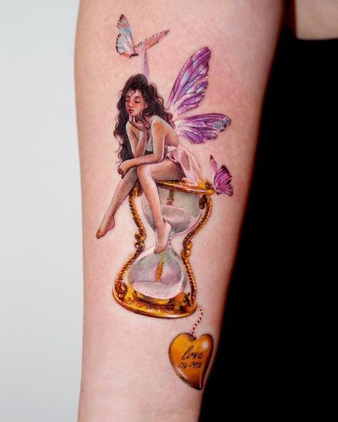 Colorful Fairy Wings Tattoo, Fairy Pinup Tattoo, Color Fairy Tattoo, Top Back Tattoo For Women, Forest Fairy Tattoo, Cherry Blossom Tattoo Shoulder, Inspirational Wrist Tattoos, Chest Tattoo Ideas, Pin Up Girl Tattoo