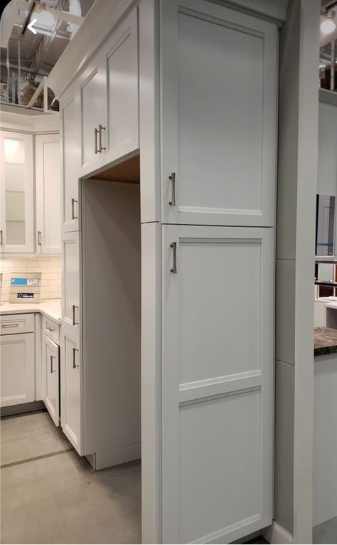 Kitchen Pantry Wall Cabinets With Fridge, Pantry By Fridge, Pantry Cabinet Next To Refrigerator, Pantry Cabinet Next To Fridge, Cabinet Next To Fridge, Pantry Build, Pantry Cabinet Ideas, Refrigerator Panels, Basement Living