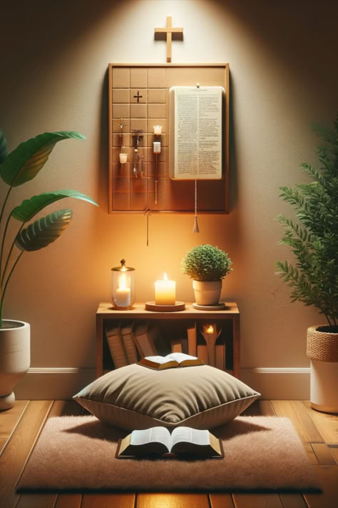 Transform a corner of your home into a serene prayer room. Our easy guide shows you how to create a tranquil space with plush pillows, scented candles, and a custom prayer board. Perfect for reflection and spiritual growth. Click for inspiration! #PrayerRoomDesign #HomeSanctuary #SpiritualSpace" Christian Home Interior Design, Praying Altar Design, Christian Meditation Space, Pray Room Ideas Christian, Pray Corner Ideas Christian, Altar Inspiration Spiritual, Bedroom Prayer Corner, Bible Room Ideas, Prayer Room Decoration Ideas