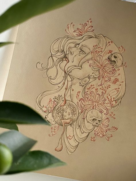 Greek Goddess Art Persephone, Persephone Shoulder Tattoo, Persephone Tattoo Pomegranates, Persephone And Medusa Tattoo, Goddess Persephone Tattoo, Persephone Drawing Greek Mythology, Feminine Greek Mythology Tattoos, Hades And Persephone Tattoos, Perspherone Goddess Tattoo