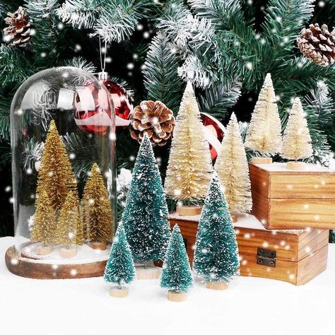 Christmas Table Top Decorations, Mini Christmas Trees, Train Christmas, Wood Train, Christmas Tree Village, Winter Holiday Decorations, Winter Ornaments, Plastic Christmas Tree, Bottle Brush Christmas Trees