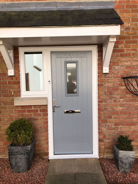 Composite light grey front door Grey Front Door Colors, Grey Composite Front Door, Grey House Exterior, Gray Front Door, Gray Front Door Colors, Front Foor, Wooden Casement Windows, Front Doors With Glass, Grey Front Door