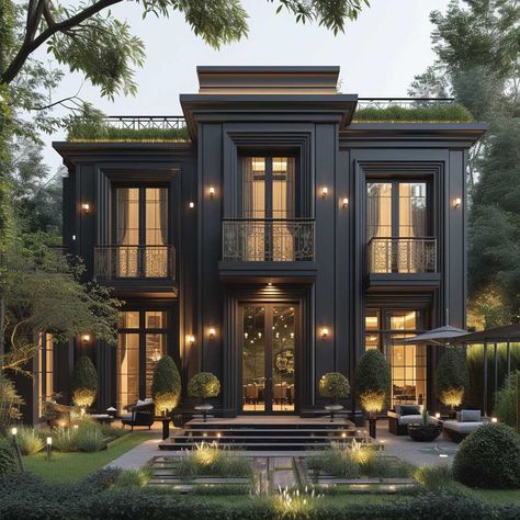 Exquisite Exterior Color Combinations with Champagne Gold and Ebony for a Touch of Glamour • 333+ Art Images Beautiful House Exterior Luxury, Gothic Modern House, Black Luxury House, Luxury Home Exterior, Black Mansion, French Mansion, Exterior Color Combinations, Inspiring Lifestyle, French Villa