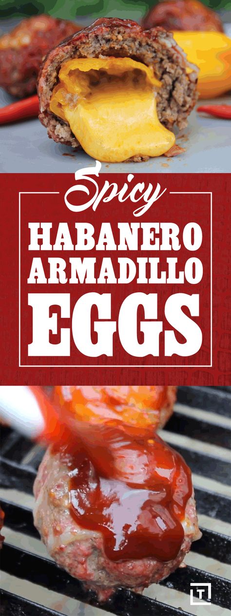 We are stuffing cheddar cheese into habanero peppers, covering them with beef, wrapping them in bacon, and sprinkling on some BBQ rub to make these spicy habanero armadillo eggs. Finish 'em off with a quick BBQ sauce glaze and grill them for a spicy, cheese-oozing "egg". Habanero Recipes, Armadillo Eggs, Hot Pepper Recipes, Watermelon Drink, Spicy Cheese, Jalapeno Peppers, Man Cooking, Habanero Peppers, Cheesy Bacon