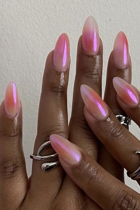 Vacation Design Nails, Coral Aura Nails, Nails For A Hot Pink Dress, Pink Aura Chrome Nails, Two Tone Nail Designs Color Combos, Aura Nails Christmas, Peach Aura Nails, Pink Design Acrylic Nails, Aura Nails Fall Colors