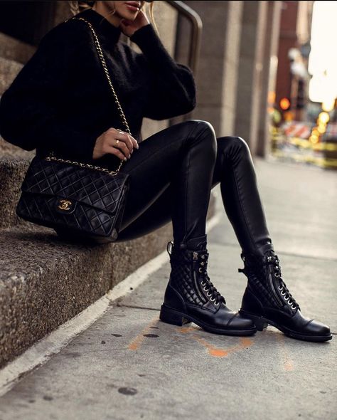 All-Black Outfits to Copy for Fall | She Sweats Diamonds Military Boots Outfit, Black Combat Boots Outfit, Chanel Combat Boots, Black Chunky Knit Sweater, Combat Boot Outfits, Combat Boot Outfit, Mia Mia Mine, Mia Mia, Black Combat Boots