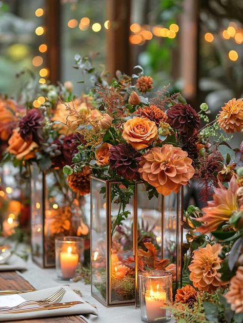 Top 37 Wedding Centerpieces Fall Flower Arrangements Ideas Fall Wedding Sweets Table, Fall Wedding Cinnamon Color, Rustic Flower Centerpieces Wedding, Rustic Wedding Decor Autumn, Fall Wedding Flower Decor, Rustic Fall Wedding Table Setting, Amber Bottle Wedding Centerpieces, Fall Wedding Walkway Aisle Decorations, Elegant Rustic Wedding Table Decor