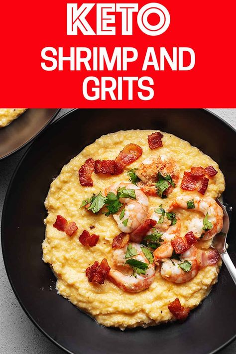 Cheesy Cauliflower Grits, Cauliflower Shrimp And Grits, Keto Shrimp Recipes Low Carb Easy, Keto Shrimp Dishes, Keto Southern Recipes, Keto Shrimp And Grits, Southern Keto Recipes, Keto Soul Food Recipes, Shrimp Recipes Low Carb