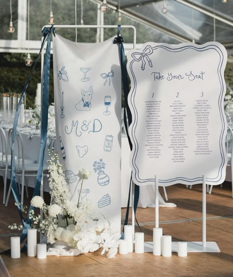 Custom hand illustrated cloth signage for Monty & Dion. I worked with Monty to draw sentimental items that depicted their love story and… | Instagram Portugal Wedding, Ceremony Seating, Wedding Wall, Wedding Table Plan, Seating Plan Wedding, Wedding Posters, Cute Wedding Ideas, Whimsical Wedding, Wooden Wedding