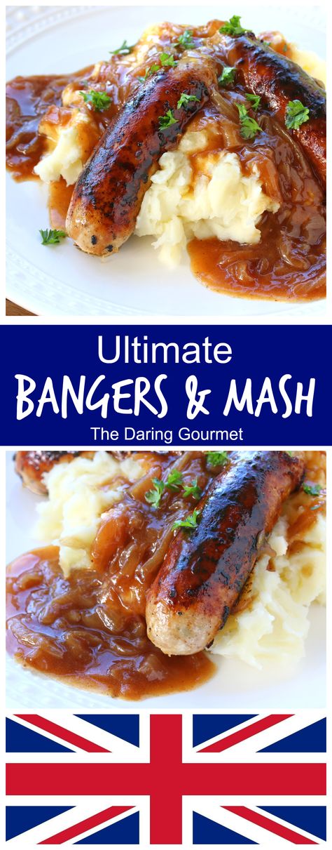 Succulent sausages nestled on a bed of buttery mashed potatoes and drenched in a rich onion gravy, this Bangers and Mash recipe is the ONLY one you’ll ever need! Bangers Recipe, Bangers And Mash Recipe, Buttery Mashed Potatoes, British Dishes, Mash Recipe, Bangers And Mash, Onion Gravy, Homemade Sausage, Pub Food