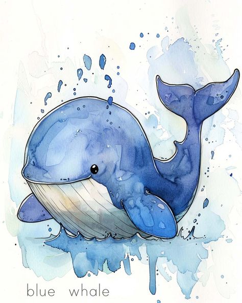 Cute Whale Illustration, Animated Animals Drawings, Whale Illustration Cute, Watercolor Animals Simple, Blue Whale Drawing, Book Art Illustration, Blue Watercolor Art, Whale Watercolor, Baby Boy Art