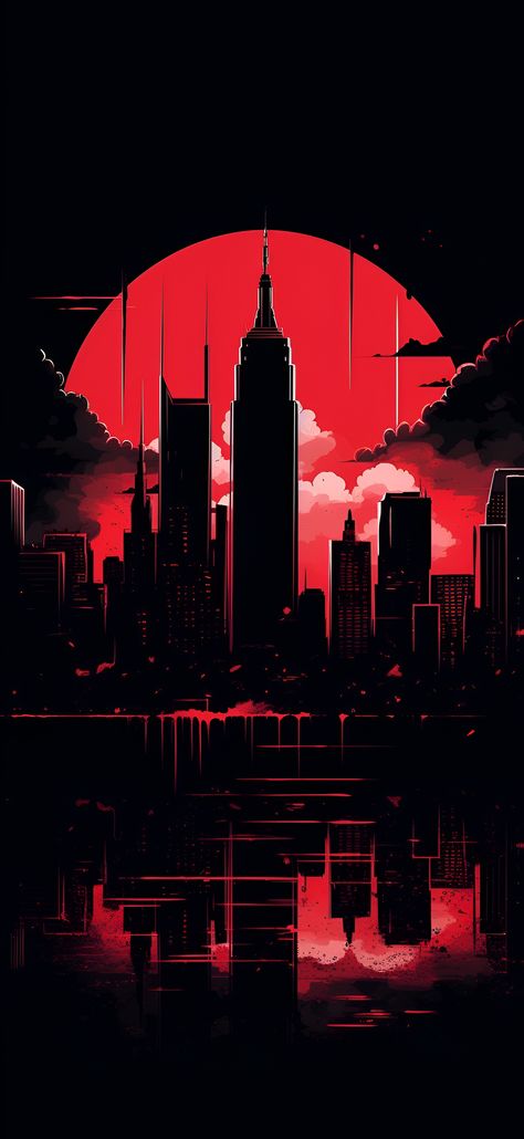 Vibrant red aesthetic image of the New York City skyline. City On Fire Background, Crimson Red Wallpaper Aesthetic, Dark City Skyline, New York Red Aesthetic, Red City Aesthetic Wallpaper, Aesthetic Male Wallpaper, Fiery Wallpaper, Red City Wallpaper, Red City Background