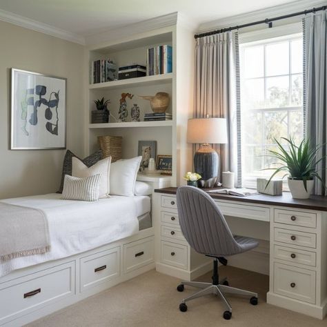 Guest Room Office Combo Apartment, Small Home Office With Sofa Bed, Small Bedroom Office Layout, Beige Walls White Trim, Small Guest Bedroom Office Combo, Office Guest Room Combo Layout, Modern Desk Setup, Office With Daybed, Guest Bedroom Office Combo