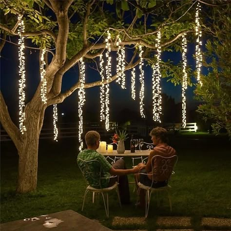 Tree Garden Decor, Icicle Christmas Lights, Rain Lights, Tree With Lights, Outdoor Fairy Lights, Shower Lighting, Outdoor Trees, Under A Tree, Christmas Modern