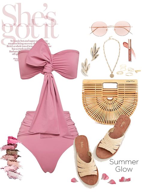 Swimwear Styling, Pink Ruched Beachwear Swimwear, Pink Beachwear Cover-up For Swimming, Classy Swimwear, Glow Outfits, Polyvore Swimsuit, Cute Plus Size Clothes, Fedora Fashion, Pink Printed Beachwear Cover-up