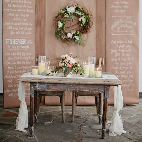 His Her Table, Sweetheart Table Wedding Floor, Loveseat Table Wedding, About The Couple Wedding Table, Sweetheart Table Wedding Rustic Backdrop, Head Table Wedding Farm Table, Head Table For 2, Sign In Front Of Sweetheart Table, Rustic Head Table Back Drop