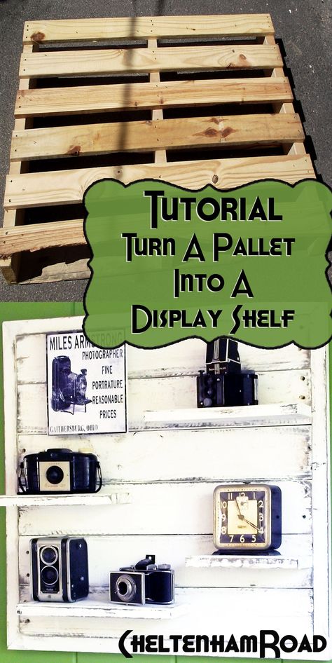 Tutorial - Turn a Pallet into a Display Shelf by Cheltenham Road Pallet Display Ideas, Pallet Display, Camera Display, Display Shelving, Pallet Shelves, Potting Bench, Craft Show Displays, Pallet Crafts, Old Pallets