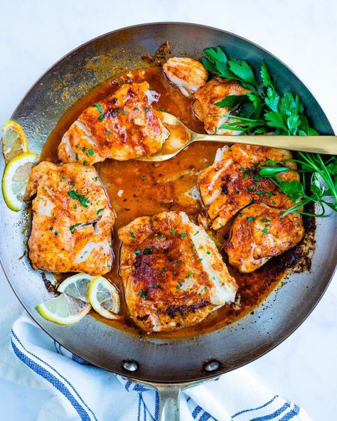 This pan fried cod is the best white fish you'll have! Dressed simply in paprika and fried in olive oil, it's healthy, stunning and irresistible all at once. | healthy dinner recipes | quick and easy weeknight meals | fish seafood recipes | #panfried #cod #codrecipe #panfriedcod #friedcod #fishrecipe #fastdinner #healthydinner #mediterraneandiet Pan Fried Cod, Grilled Cod, Fennel And Orange Salad, Fried Cod, A Couple Cooks, Homemade Cajun Seasoning, Vegan Recipes Plant Based, Baked Asparagus, Easy Fish Recipes