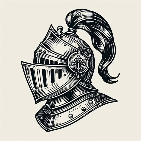 Knight Hand Tattoo, Medieval Tattoo Design, Kneeling Knight Tattoo, Medieval Knight Tattoo Design, Traditional Knight Helmet Tattoo, Crusader Helmet Tattoo, Medieval Helmet Tattoo, Knight Helmet Drawing, Suit Of Armor Tattoo