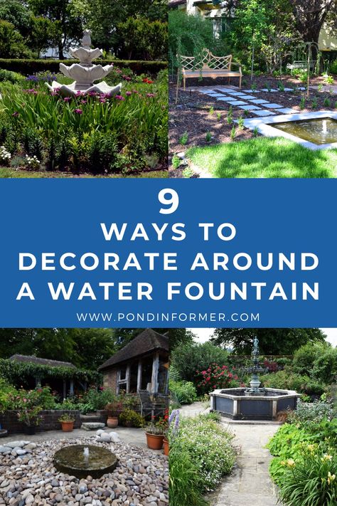 Landscape Fountain Ideas Front Yards, Flower Bed With Water Fountain Garden Ideas, Landscaping Around Water Fountain, Fountain Garden Landscaping, Water Fountain Flower Bed, Fountain On Deck, Flower Bed With Water Feature, Front Yard With Fountain Ideas, Garden With Fountain Ideas