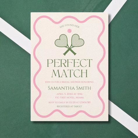 Perfect Match Tennis Pink & Green Bridal Shower Tennis Invitation, Pink And Green Aesthetic, Unique Bridal Shower Invites, Illustrated Invitations, Green Bridal Showers, Best Wedding Invitations, Themed Illustrations, Tea Party Invitations, Country Clubs