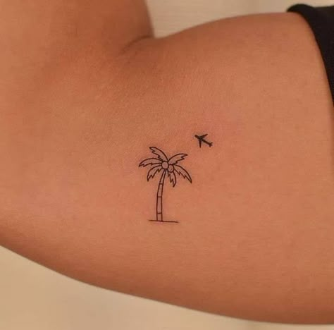 Palm Tree And Airplane Tattoo, California Fine Line Tattoo, Mini Hawaiian Tattoos, Beach Vacation Tattoo, Cute Florida Tattoos, Holiday Tattoo Ideas Summer, Beach Bum Tattoo, Beach Foot Tattoo, Island Girl Tattoo