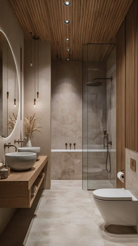 Master Room Bathroom Design, Bath And Bedroom Together, Modern Deco Interior, Bathroom In Master Room, Bathrooms Ideas 2024, Earth Tones Design, Home Inspiration Bathroom, Organic Natural Bathroom, Earth Bathroom Ideas