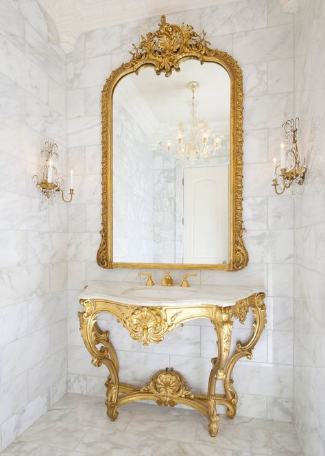 Traditional Powder Room, Powder Room Design Ideas, Glamorous Bathroom, French Inspired Home, French Bathroom, French Country Bathroom, Powder Room Design, Country Bathroom, Gold Bathroom