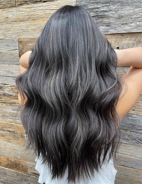 Soft Ash Black Hair, Ash Grey Black Hair, Dark Ash Brunette Hair, Dark Ash Black Hair, Low Maintenance Balayage Black Hair, Dark Brown With Ash Highlights, Black Ash Hair, Ash Brown Babylights, Dark Grey Highlights