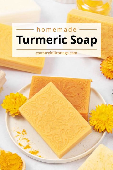 Learn how to make DIY turmeric soap and enjoy the many skincare benefits turmeric has to offer! This homemade turmeric soap recipe cleanses gently and may improve acne, dark spots, hyperpigmentation and give glowing skin. The prep is easy and simple, thanks to a moisturizing melt and pour soap base and essential oils. You can make the handmade bar soap with goats milk, shea butter, oatmeal, cocoa butter, honey, olive oil, hemp seed oil, aloe vera, or glycerin soap base. | CountryHillCottage.com Diy Turmeric Soap, Turmeric Soap Recipe, Honey Soap Recipe, Benefits Turmeric, Goat Milk Soap Recipe, Melt And Pour Soap Base, Milk Soap Recipe, Savon Diy, Easy Soap Recipes