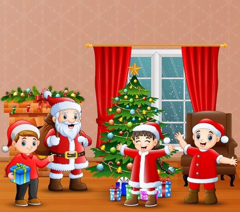 Santa claus and kids celebration a chris... | Premium Vector #Freepik #vector #christmas-fireplace #christmas-room #christmas-interior #christmas-pine Christmas Drawing, Vector Photo, Elf On The Shelf, Christmas Home, Premium Vector, Png Images, Santa Claus, Graphic Resources, Elf