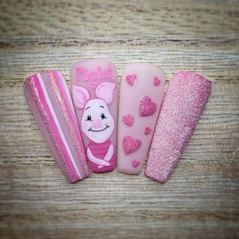 Piggy Nails, Nail Art Unicorn, Winnie The Pooh Nails, Pooh Nails, Pig Nails, Disney Nail Art, Unicorn Nails Designs, Disneyland Nails, Baby Shower Nails