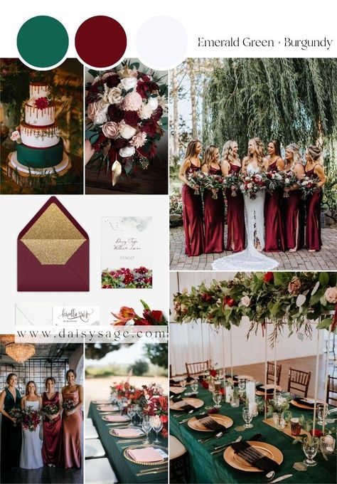 15 Best Emerald Green Wedding Color Schemes for 2024 - Daisy Sage Maroon And Green Wedding Color Schemes, Emerald Green Autumn Wedding, Emerald Maroon Wedding, Blush Burgundy Green Wedding, Merlot And Gold Wedding, Emerald Green Maroon Wedding, Burgundy Gold And Green Wedding, Emerald Green And Burgundy Wedding Invitations, Emerald Green Red And Gold Wedding