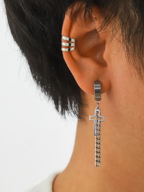 Silver  Collar  Stainless Steel   Embellished   Fashion Jewelry Male Earrings Men, Cross Earrings Men, Male Earrings, Earrings Men, Cross Decor, Embellished Fashion, Cute Disney Drawings, Crosses Decor, Muscular Men