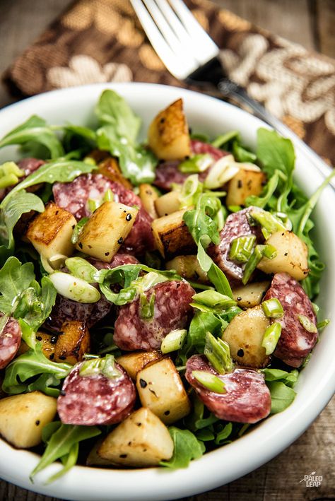 Chorizo And Roasted Potato Salad - Spicy sausage and crispy roasted potatoes, all in a homemade dressing over a bed of greens. #Paleo Chorizo Salad, Roasted Potato Salad, Crispy Roasted Potatoes, Pumpkin Recipes Dinner, Canned Pumpkin Recipes, Paleo Salad Recipes, Roasted Potato Salads, Sausage Dinner, Roasted Potato