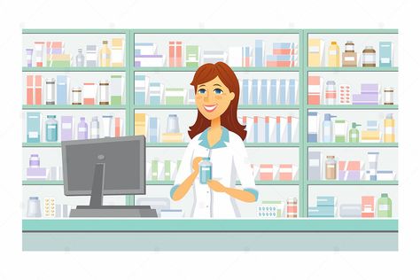 Pharmacy - vector illustration - Design Template Place Pharmacy Illustration, Pharmacy Art, Shopping Clipart, Perspective Sketch, Pharmacy Design, Person Drawing, Cartoon People, Banner Images, Illustration Adobe Illustrator