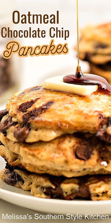 Enjoy a stack of homemade Oatmeal Chocolate Chip Pancakes topped with butter and a drizzle of syrup to kick start your day #oatmealpanckaes #pancakerecipes #oatmealchocolatechip #chocolatechippancakes #oatmealchocolatechippanckes #brunch #breakfast #southernrecipes Chocolate Chip Oatmeal Pancakes, Oat Chocolate Chip Pancakes, Chocolate Oatmeal Pancakes, Leftover Oatmeal Pancakes, Oatmeal Pancake, Chocolate Chip Pancakes Recipe, Oatmeal Pancakes Healthy, Banana Chocolate Chip Pancakes, Oatmeal Pancakes Recipe